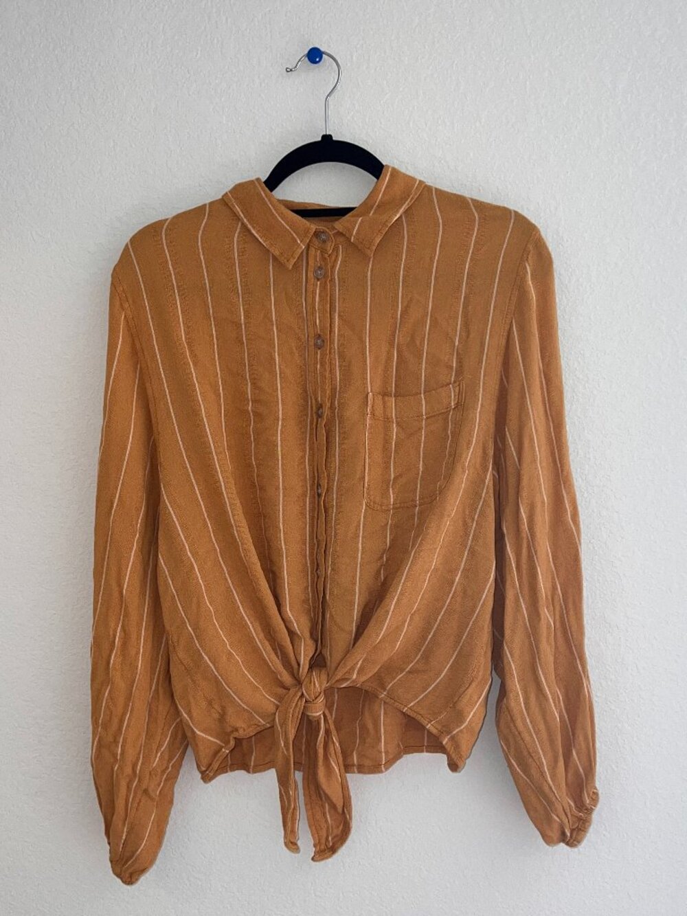 American Eagle Mustard Striped Tie-Front Button-Up Blouse Size M